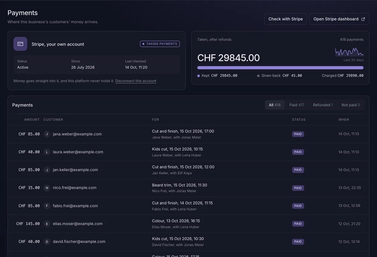 The payments screen: what was taken after refunds, over a list naming the appointment every payment was for.